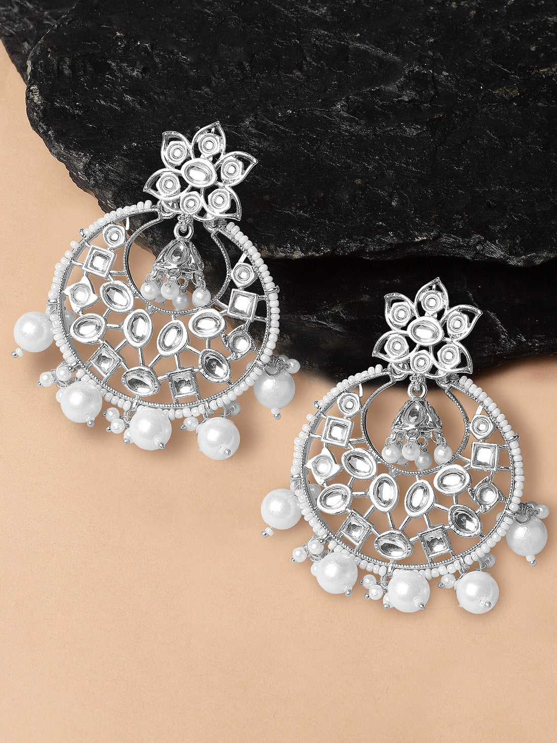 Karatcart Silver Plated Pearl and Kundan Studded Dangler Earrings for Women