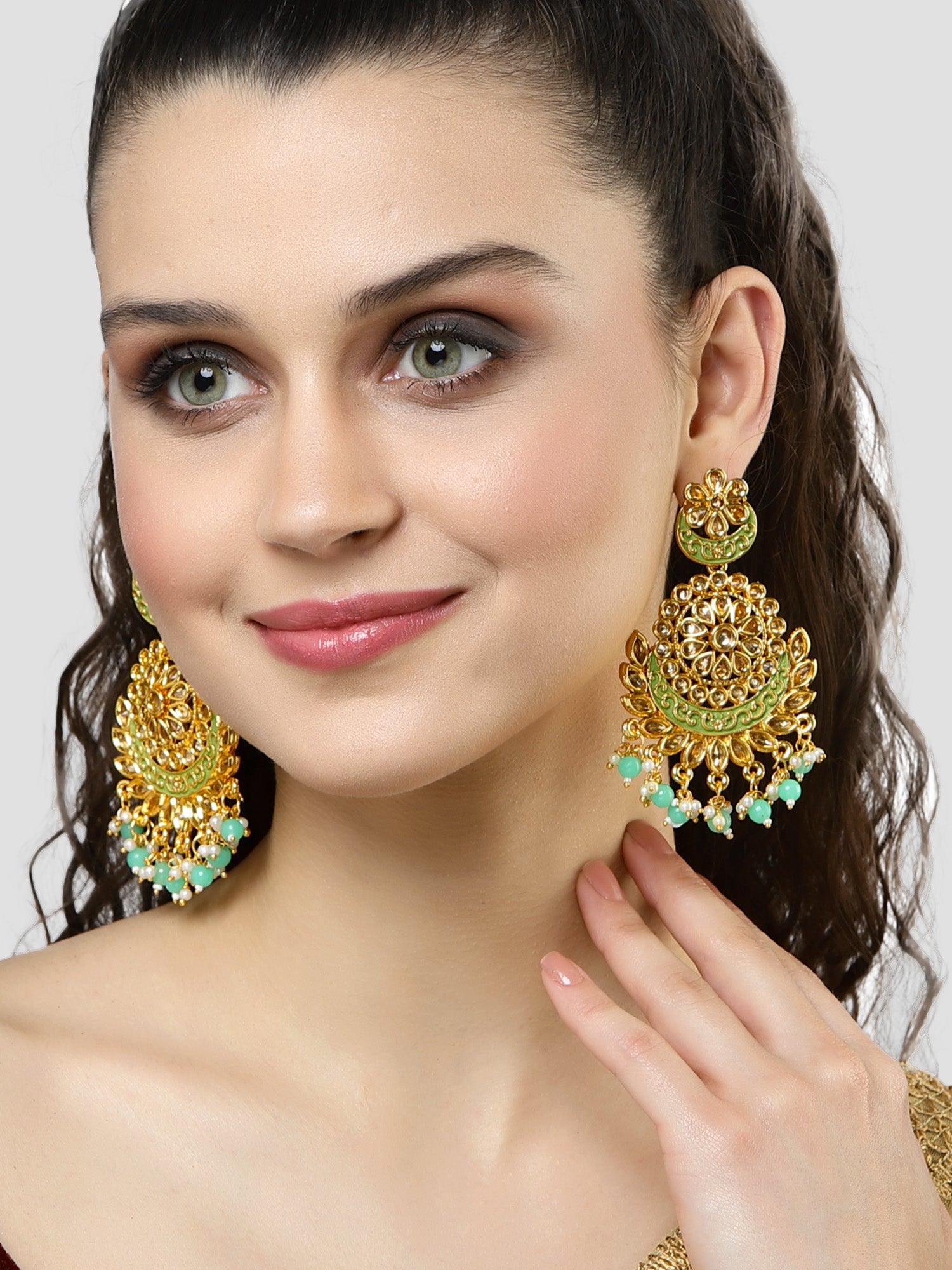 Karatcart Gold Plated Lime Green Beads Kundan Studded Dangler Earrings for Women - Image 1