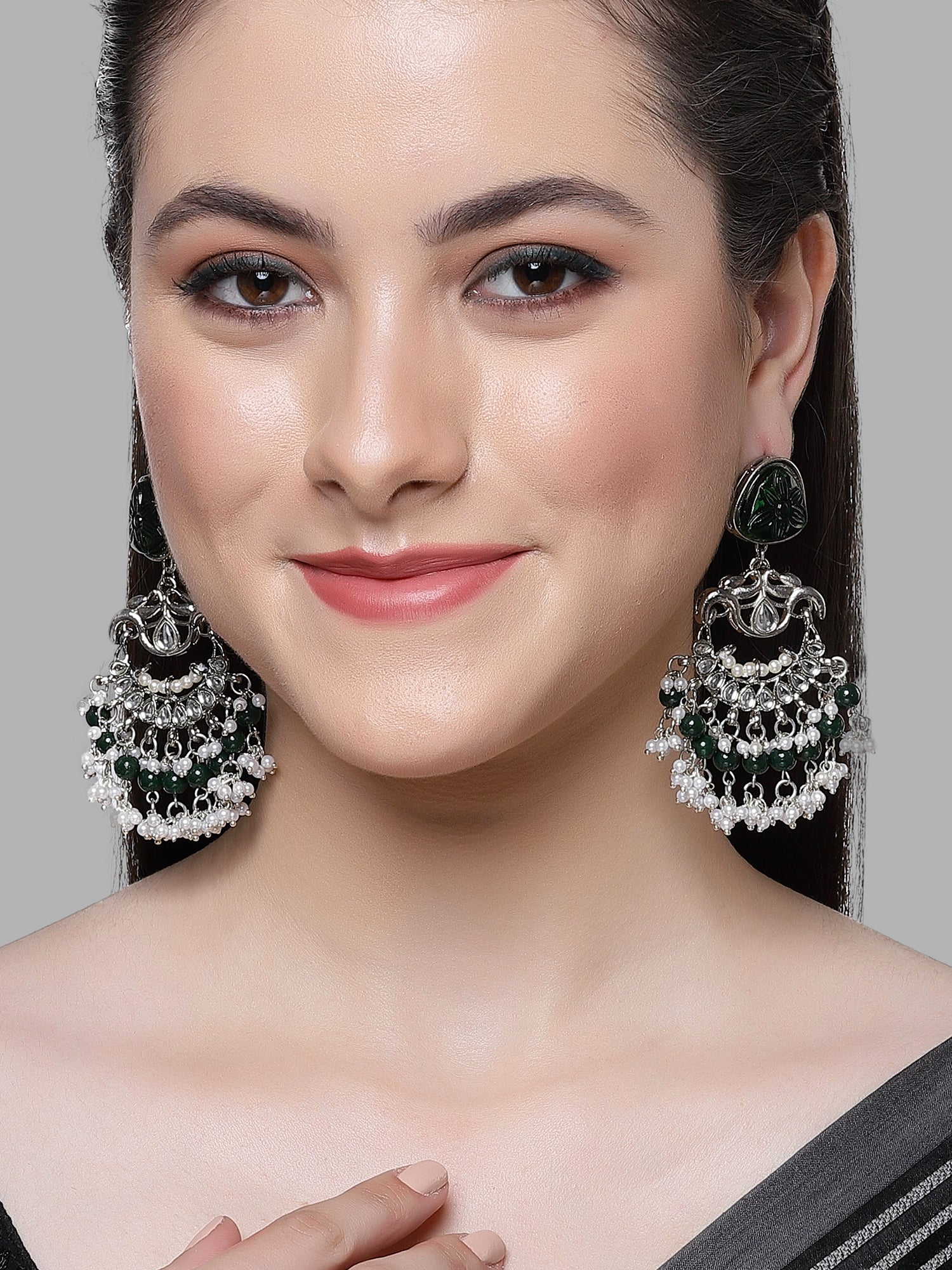 Karatcart Oxidised Silver Plated Green Carved Stone Studded Dangler Earrings for Women - view 2