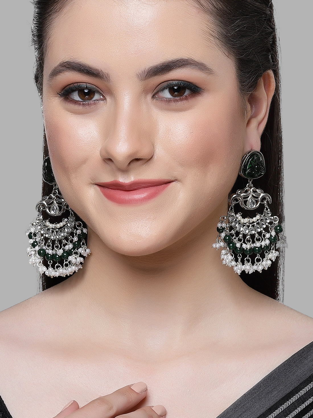 Karatcart Oxidised Silver Plated Green Carved Stone Studded Dangler Earrings for Women