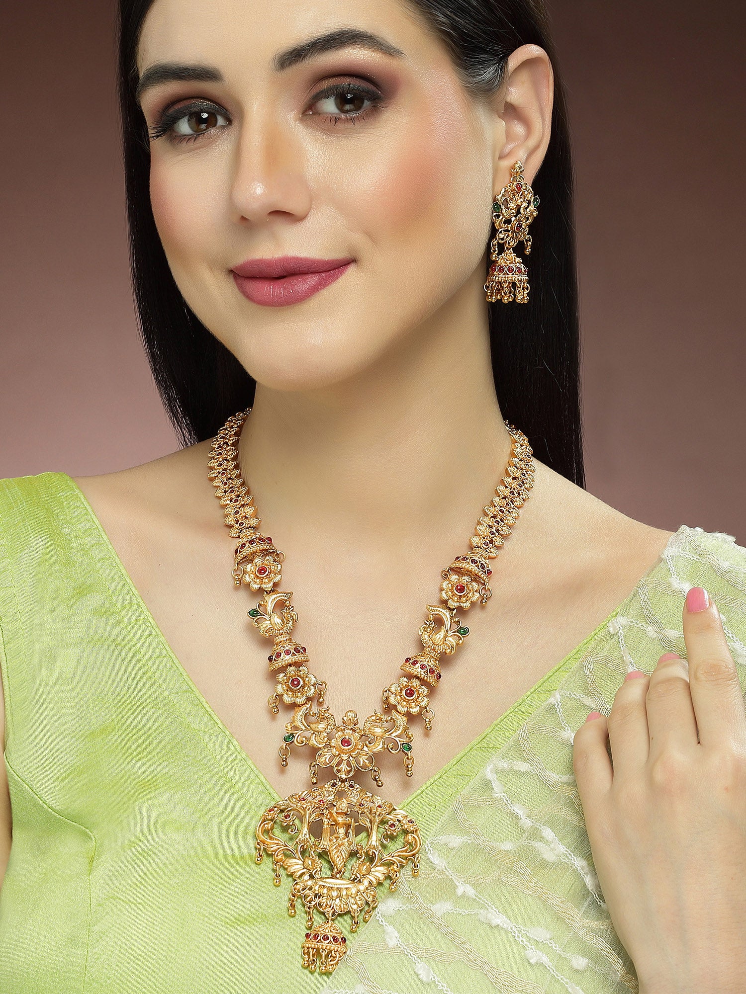 Karatcart Gold Plated Lord Krishna Design Rani Haar Temple Jewellery Set for Women - Image 1