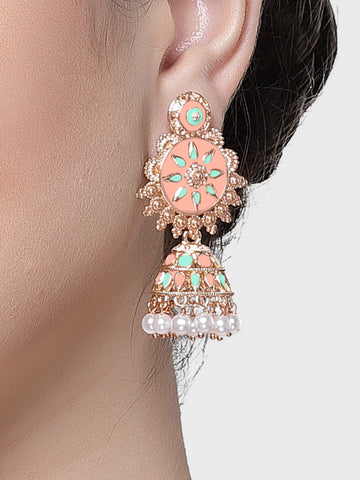 Karatcart Rose Gold Plated Pink and Light Blue Meena Floral Jhumki Earrings for Women