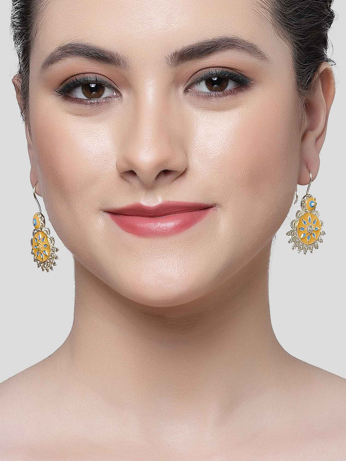 Karatcart Gold Plated Yellow and Blue Meena Drop Earring for Women