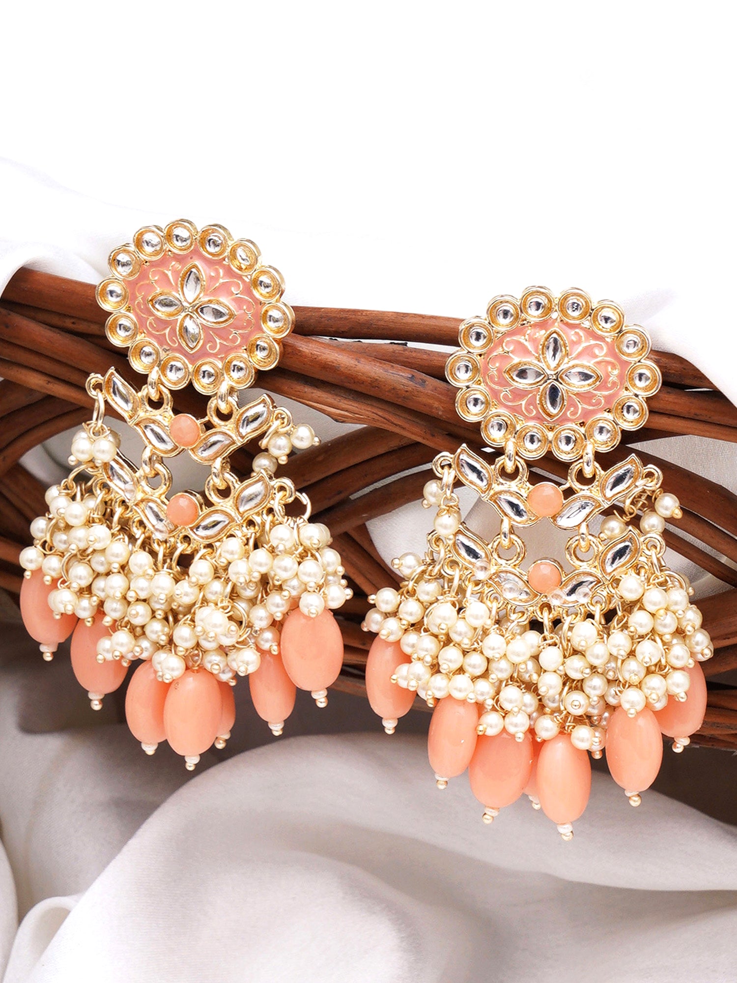 Karatcart Gold Plated Kundan Studded Peach Meena and Tumble Dangler Earrings for Women - view 3