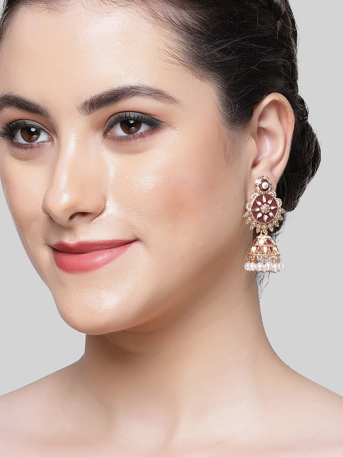 Karatcart Rose Gold Plated Brown and Cream Meena Floral Jhumki Earrings for Women