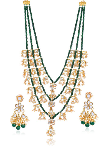 KARATCART Gold Plated Green Beads Kundan Long Jewellery Set for Women