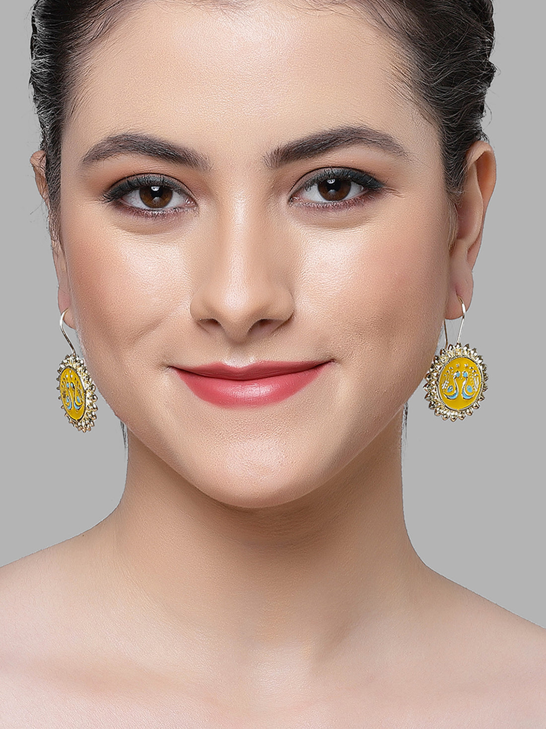 Karatcart Gold Plated Peacock Design Yellow Meena Drop Earrings for Women