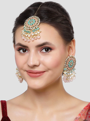 Karatcart Gold Plated Pink and Light Blue Kundan Earrings and Maangtikka Combo Set for Women