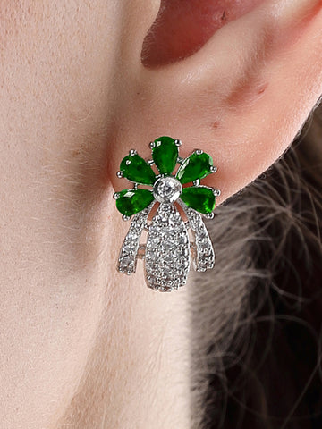 Karatcart Silver Plated Green Stones Floral Design AD Stud Earrings for Women