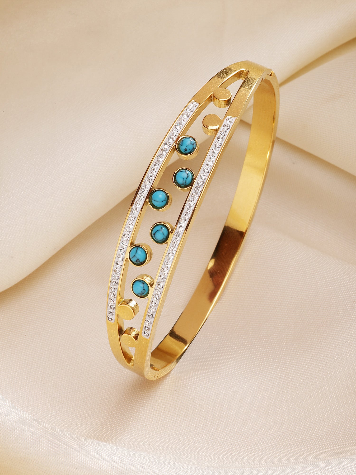 Bohey by KARATCART Gold-Plated Turquoise & Cubic Zirconia Studded Bangle-Style Bracelet for Women