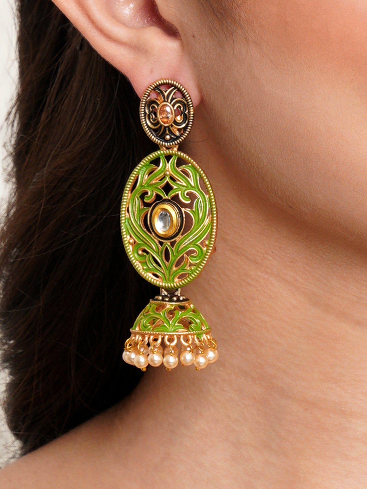 Karatcart Gold Plated Light Green Meena Dangler Jhumki Earrings for Women - Image 1