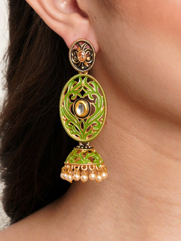 Karatcart Gold Plated Light Green Meena Dangler Jhumki Earrings for Women