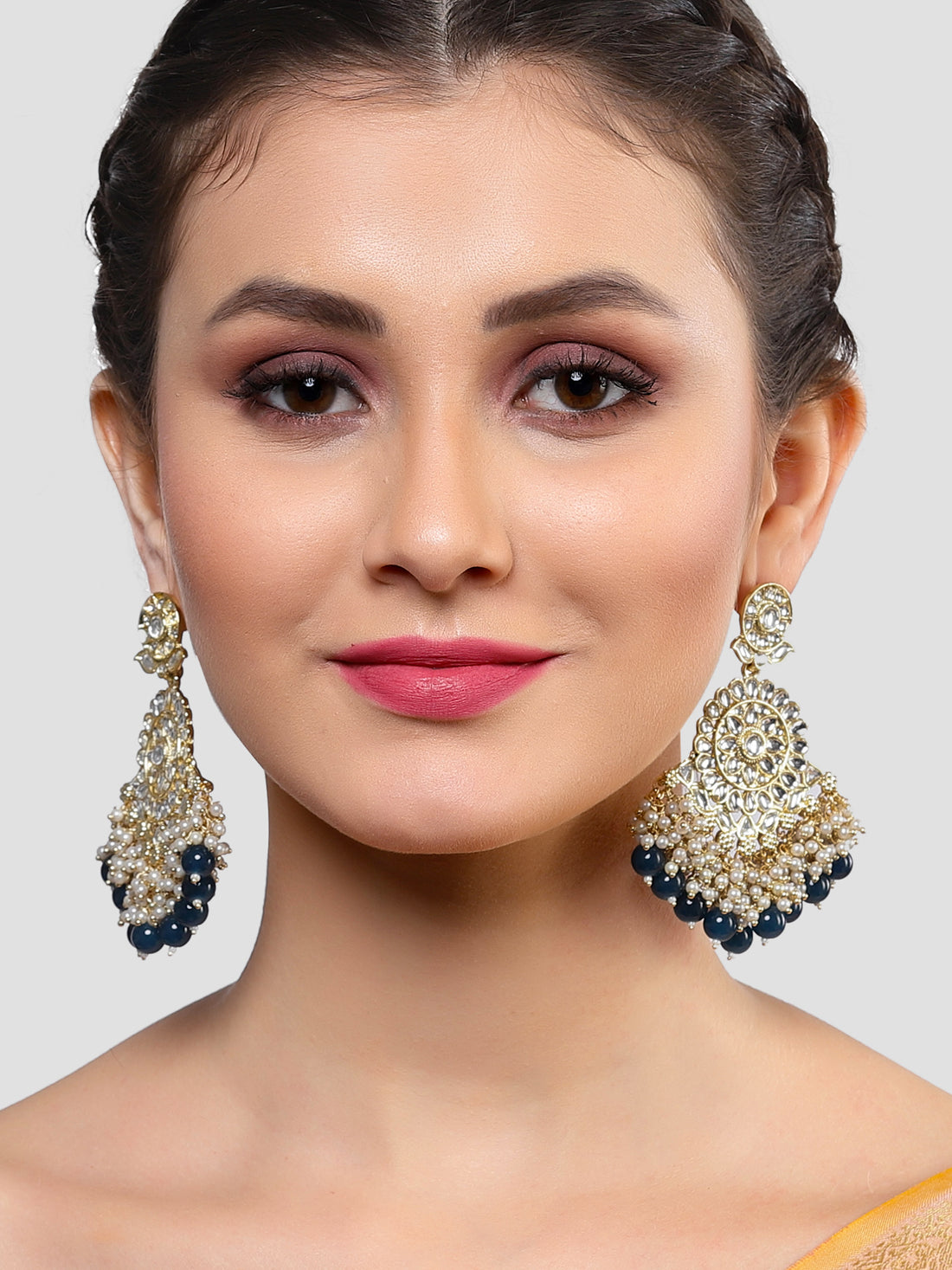 Karatcart Gold Plated Blue Beads and Pearl Studded Kundan Dangler Earrings for Women