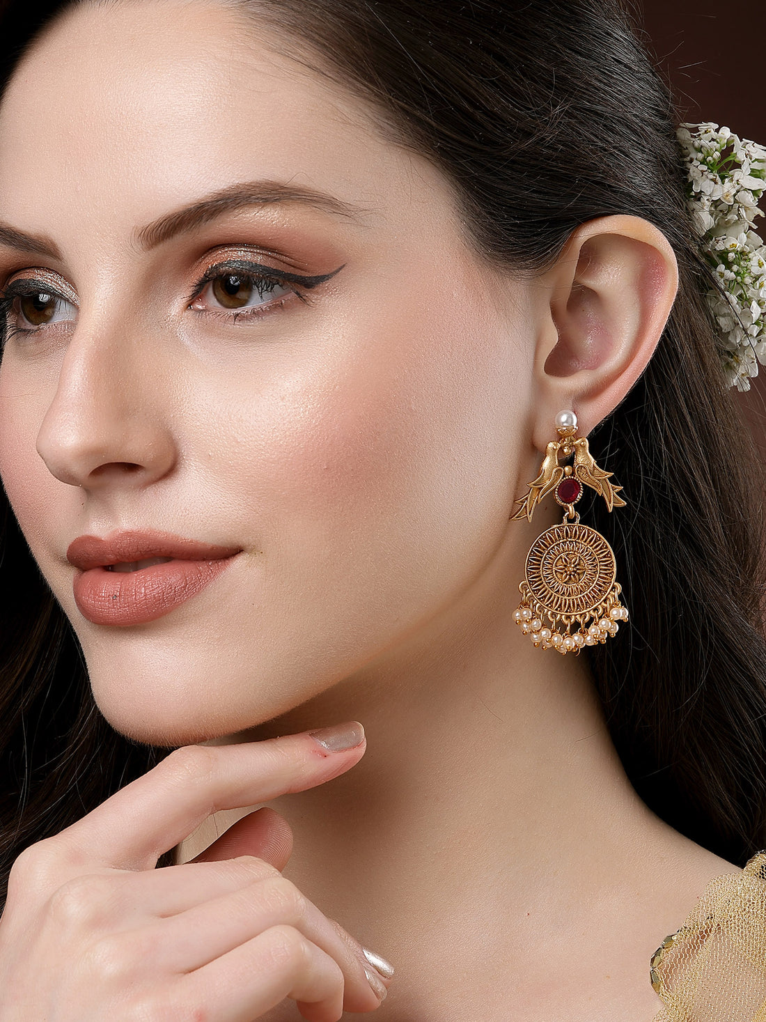 Karatcart Gold Plated Bird Design Red Stone Drop Earrings for Women