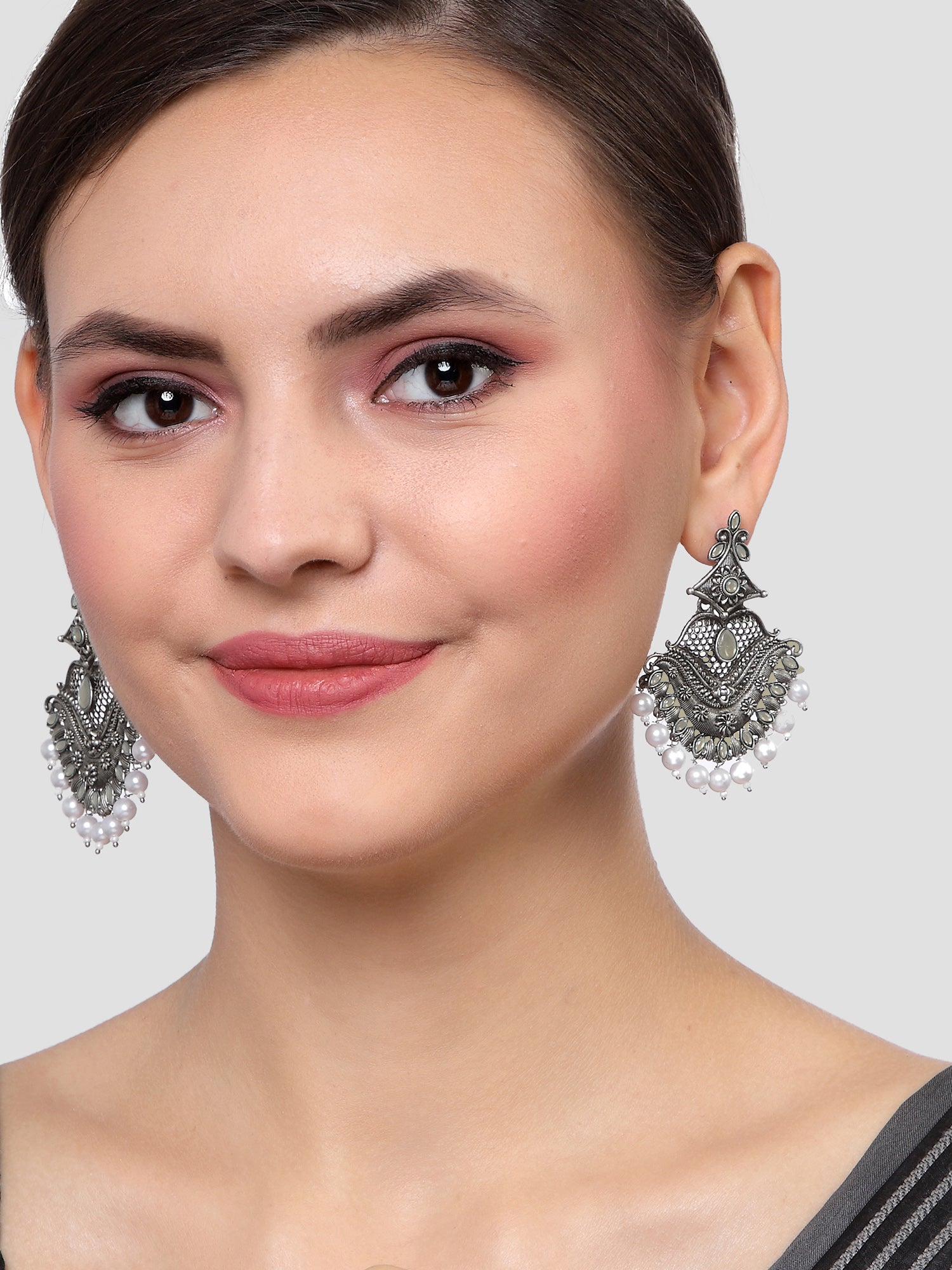 Karatcart Antique Silver Plated Grey Monalisa Stone Studded Dangler Earrings for Women - Image 1