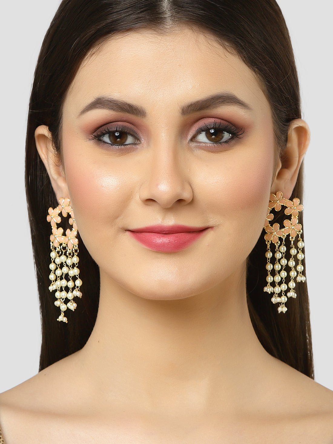 Karatcart Gold Plated Floral Design Peach Kundan Pearl Tassel Earrings for Women