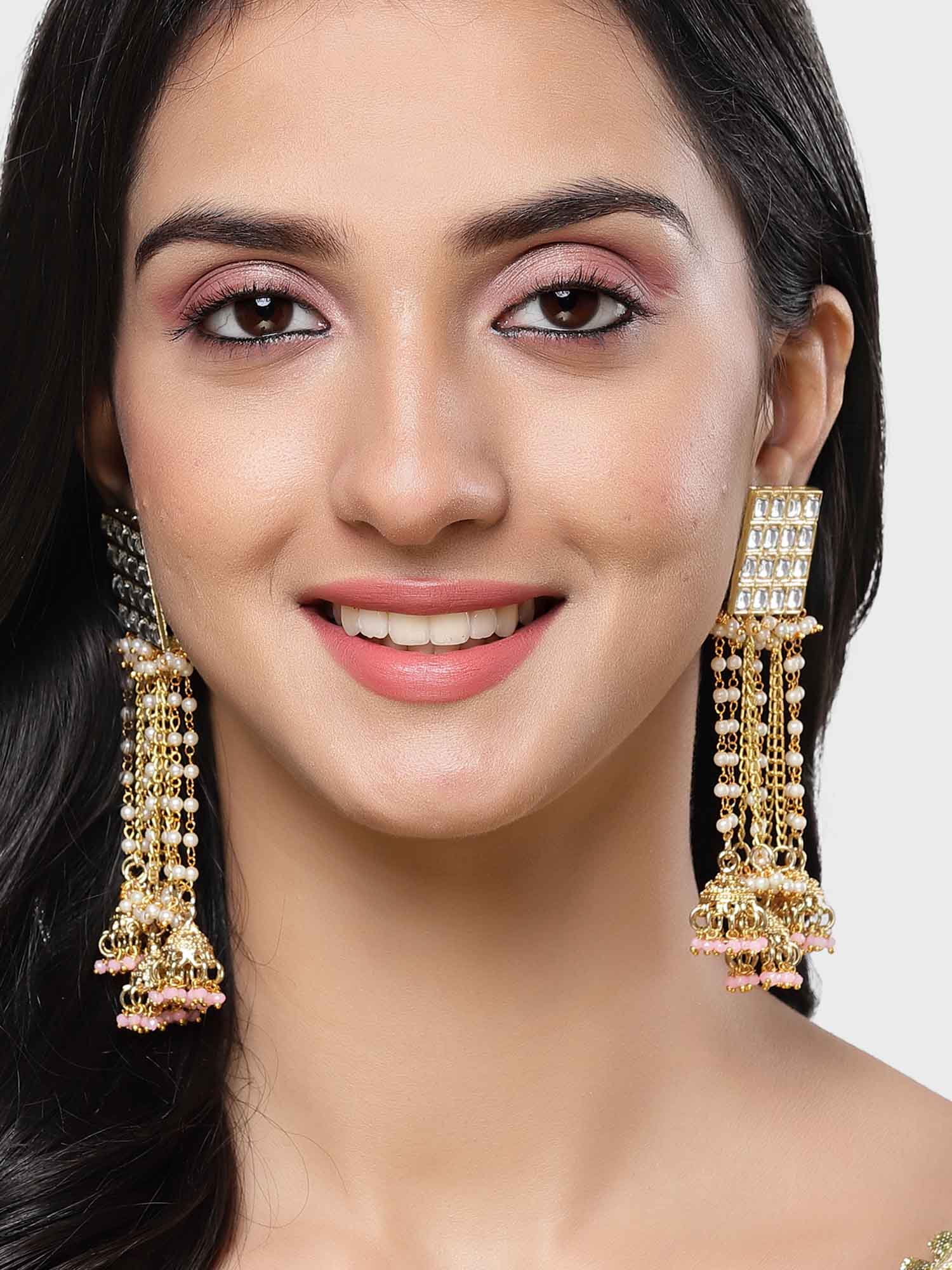 Karatcart Gold Plated Square Kundan Jhumki and Pearl Chain Drop Earrings for Women - view 2