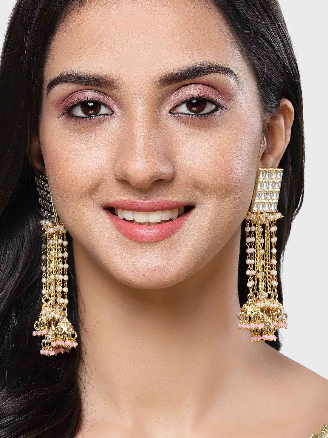 Karatcart Gold Plated Square Kundan Jhumki and Pearl Chain Drop Earrings for Women