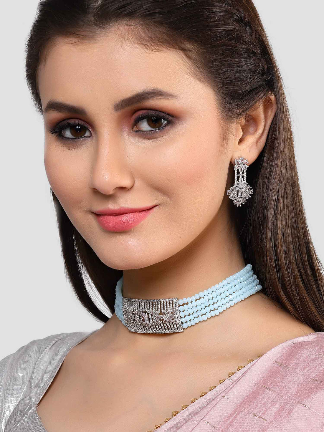 Karatcart Silver Tone Light Blue Crystal Cubic Zirconia Choker Necklace Set for Women