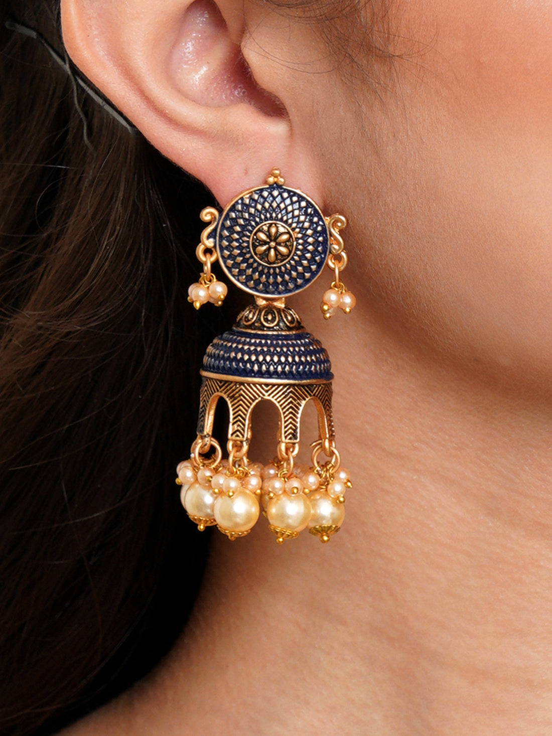 Karatcart Antique Gold Plated Navy Blue Tomb Style with Golden Pearl Jhumki Earrings for Women