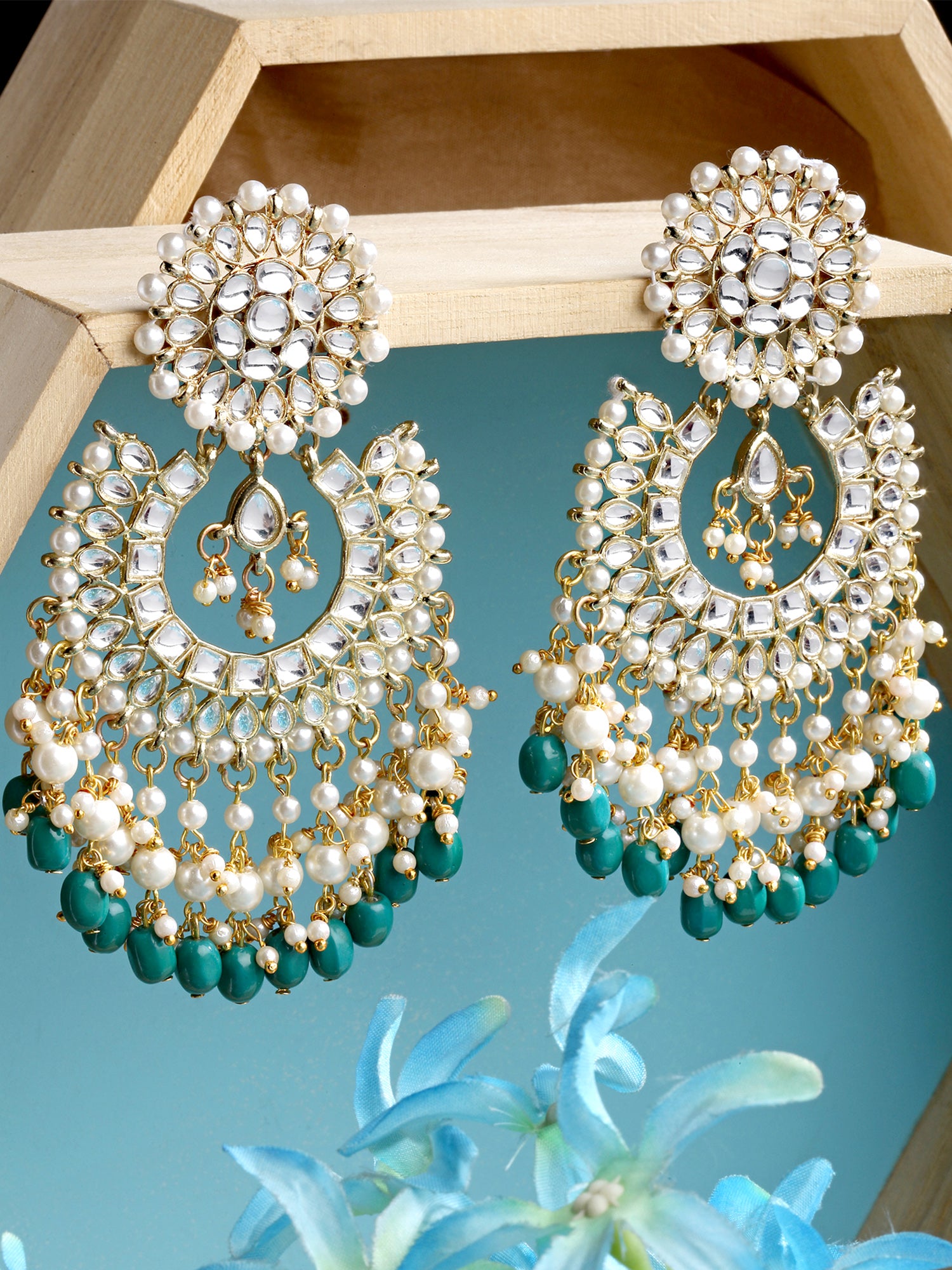 Karatcart Gold Plated Green Tumble and Pearl Studded Kundan Dangler Earrings for Women - view 3