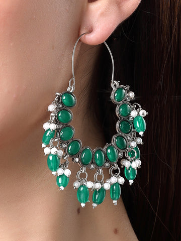 Karatcart Oxidised Silver Green Stone Kundan Hoop Earrings for Women