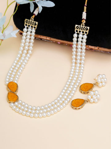 Karatcart Yellow Stone Studded Pearl Kundan Necklace Set for Women