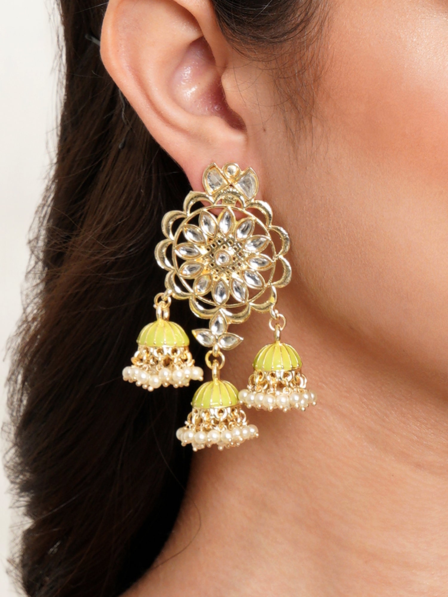 Karatcart Gold Plated Kundan Studded Light Green Meena Triple Jhumki Earrings for Women - Image 1
