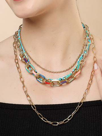 Bohey by KARATCART Gold-Plated Multicolor Enamel Multilayer Chain Necklace for Women