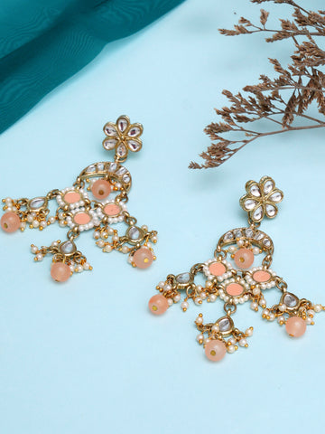 Karatcart Gold Plated Peach Meena Kundan Dangler Earrings for Women