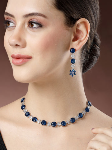 Karatcart Silver Plated Blue Floral Cubic Zirconia Studded Necklace Set for Women