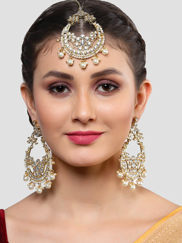 Karatcart Gold Plated Kundan Chandbali Earrings with Maangtikka Set for Women