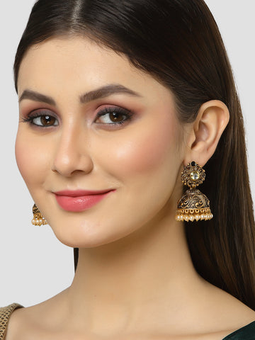 Karatcart Gold Plated Black Golden Pearl Jhumki Jhumki Earrings for Women