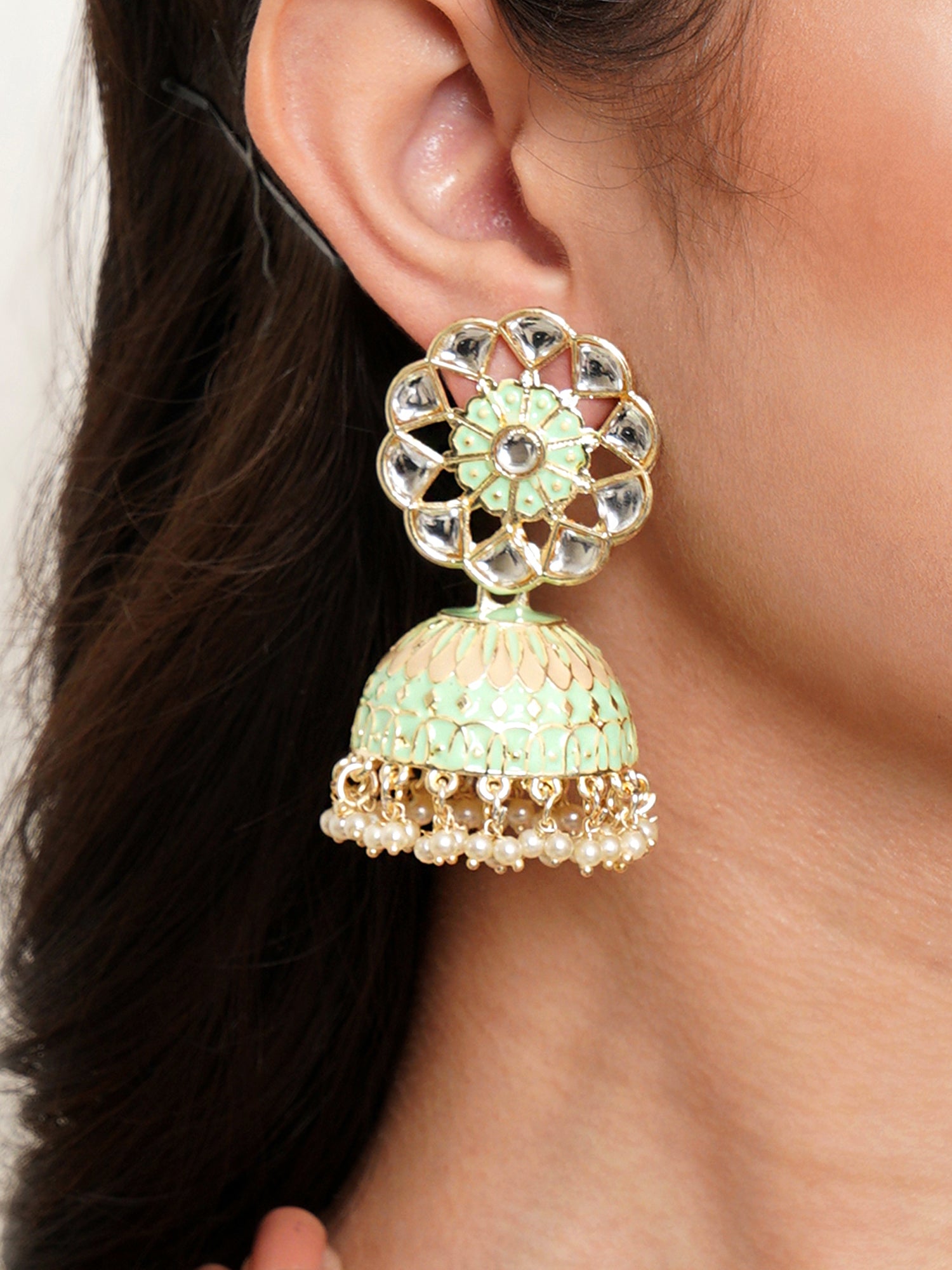 Karatcart Gold Plated Lime Green Meena Kunda Studded Jhumki Earrings for Women - Image 1
