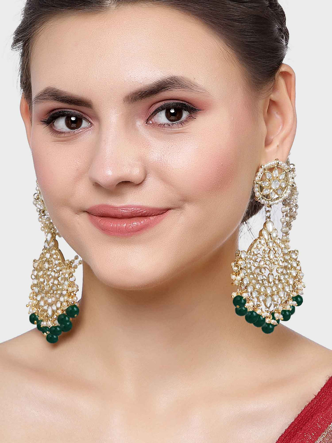 Karatcart Gold Plated Green Beads Kundan Kaanchain Earrings for Women