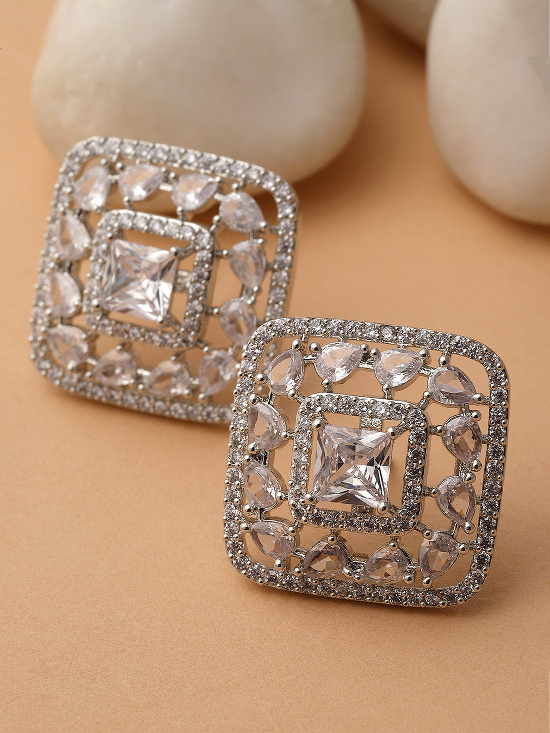 Karatcart Silver Tone Square Cubic Zirconia Stud Earrings for Women