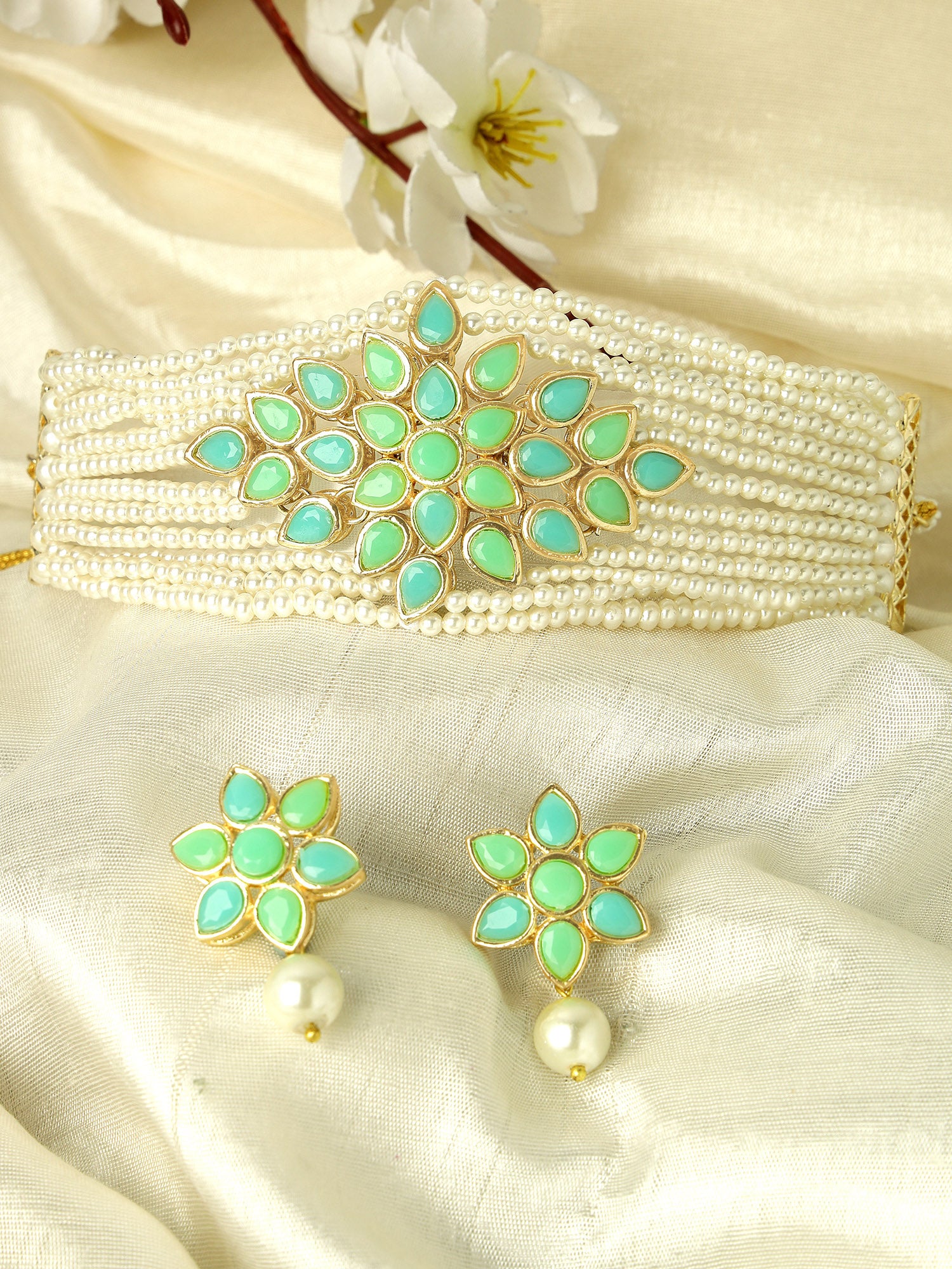 Karatcart Gold Plated Pearl Beaded Light Blue and Light Green Kundan Stone Choker Necklace Set - Image 1