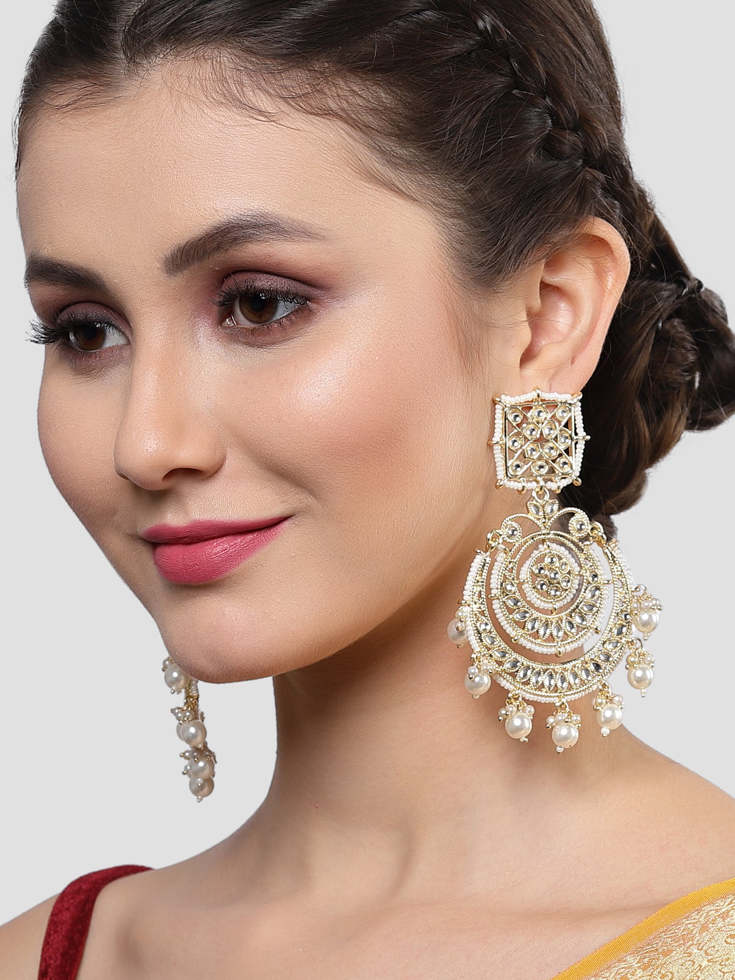 Karatcart Gold Plated Pearl Beaded Kundan Chandbali Earrings for Women - Image 1