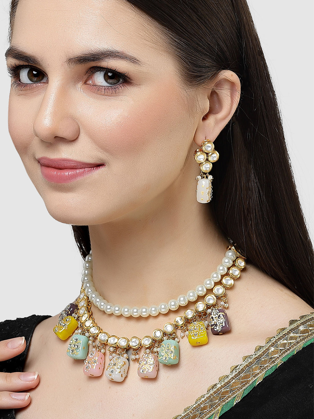 Karatcart Navratna Designer Tumble Pearl and Polki Kundan Necklace Set for Women