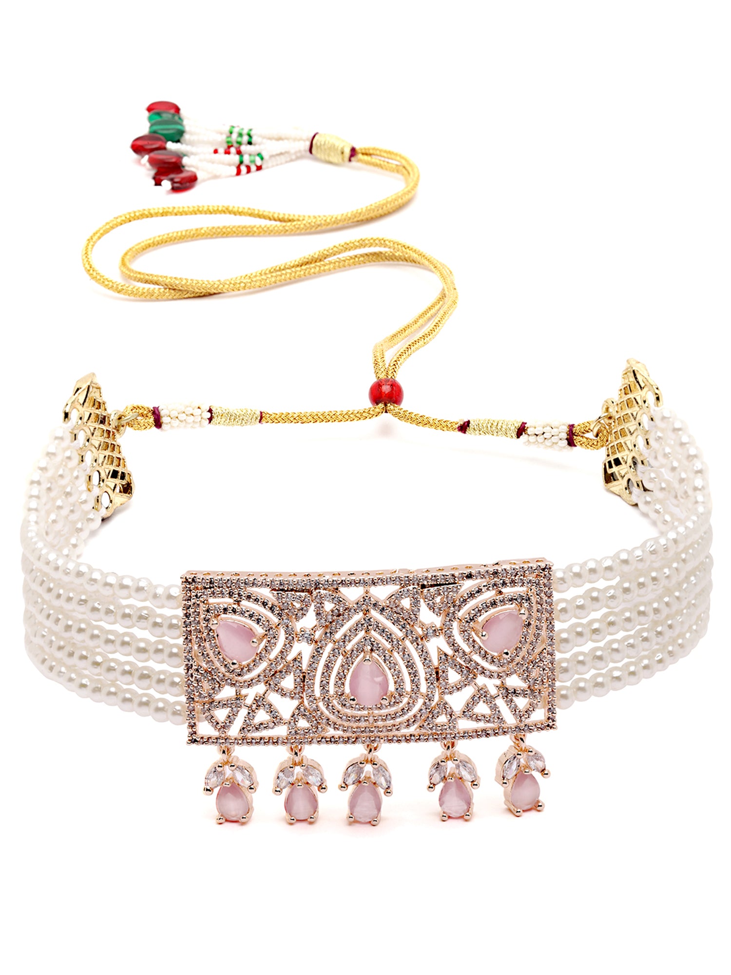 Karatcart Rose Gold Plated Pearl Beaded Cubic Zirconia Choker Necklace Set for Women - view 5