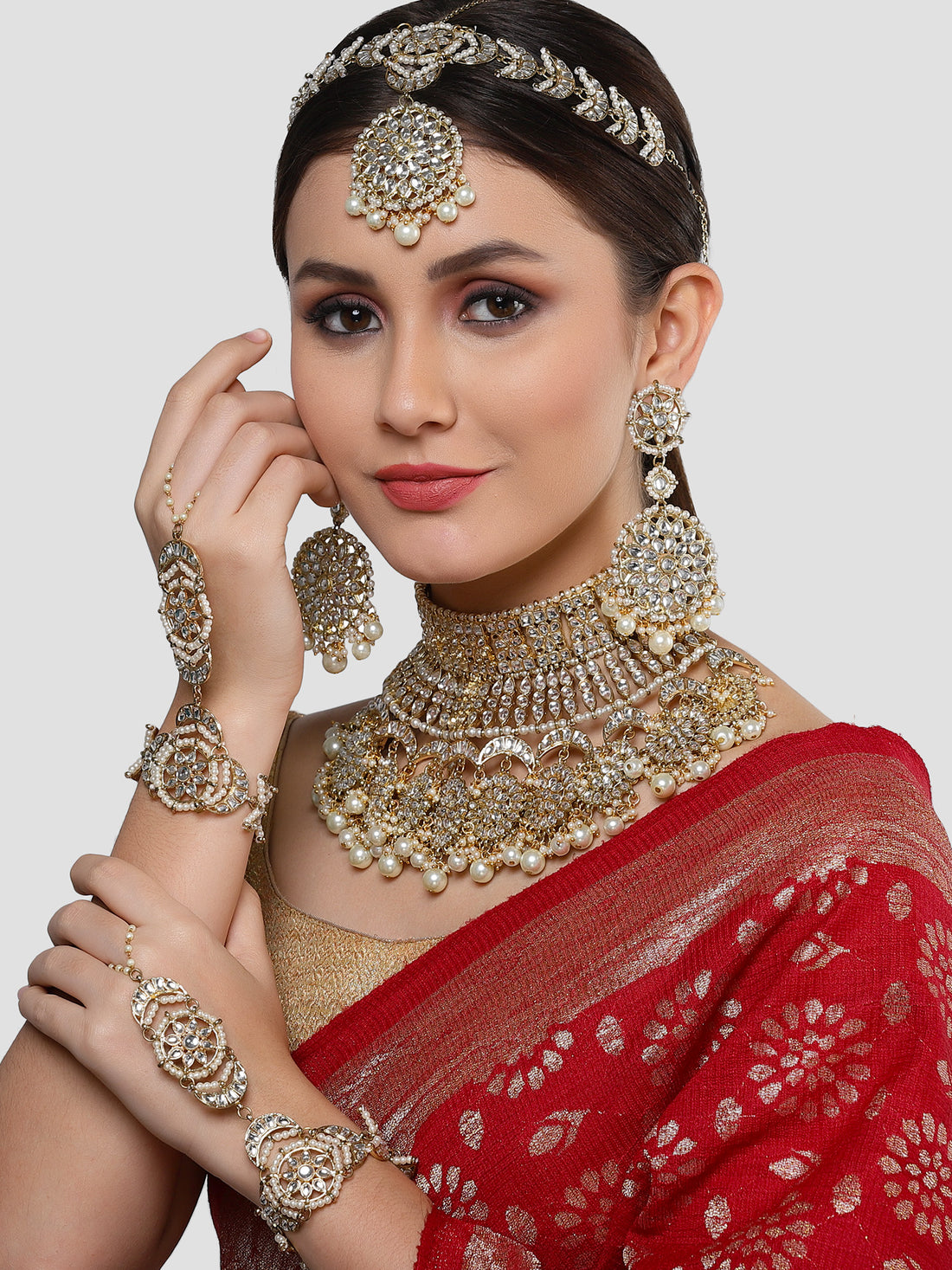 Karatcart Gold Plated Pearl Kundan Bridal Choker Necklace Set for Women