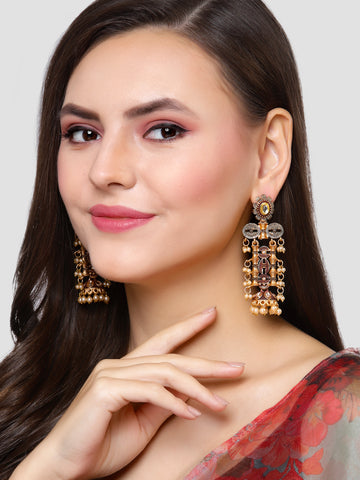 Karatcart Antique Gold Plated Maroon Kundan Drop Earrings for Women