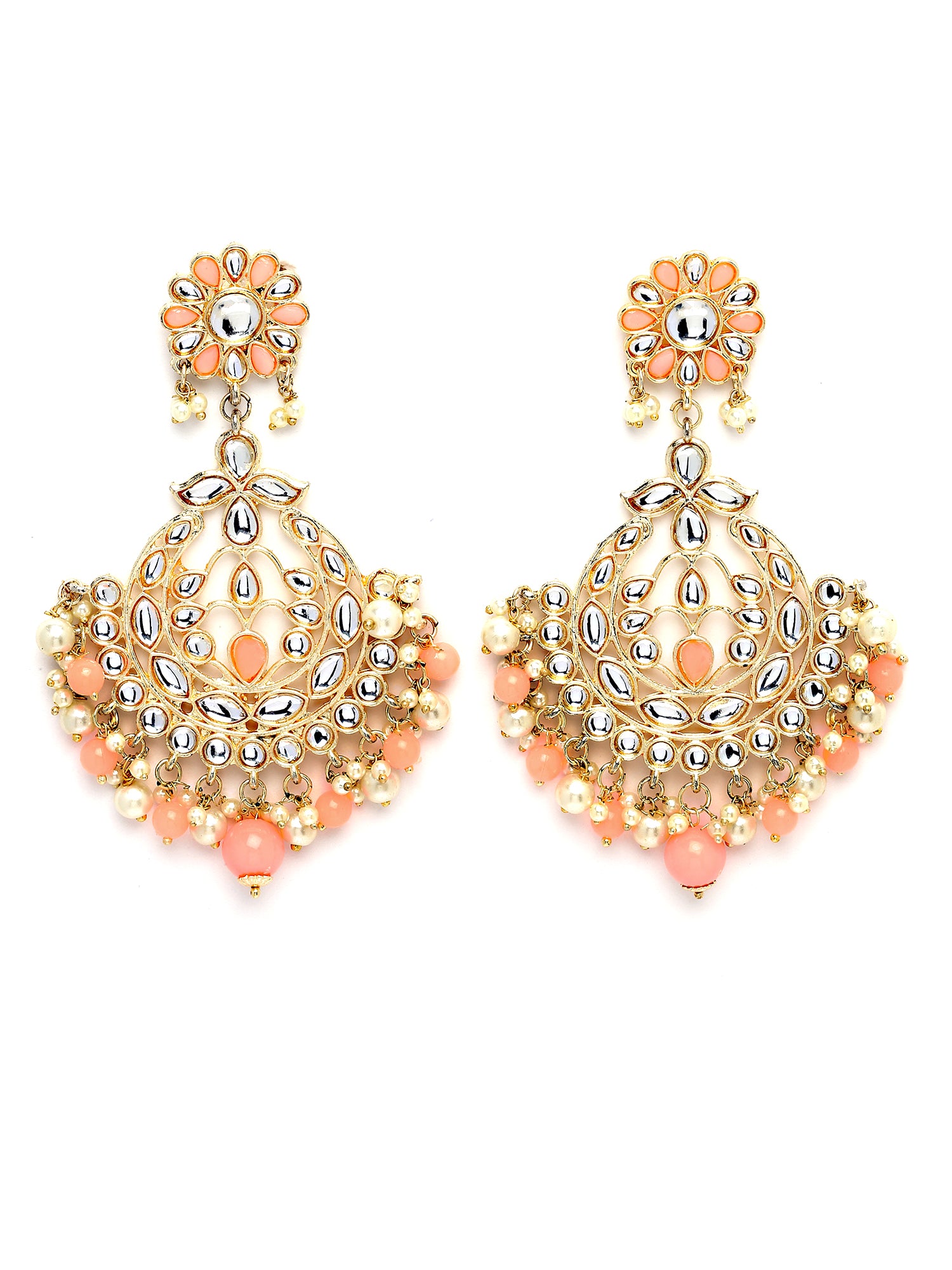 Karatcart Gold Plated Peach Beads and Pearl Studded Kundan Dangler Earrings for Women - view 4