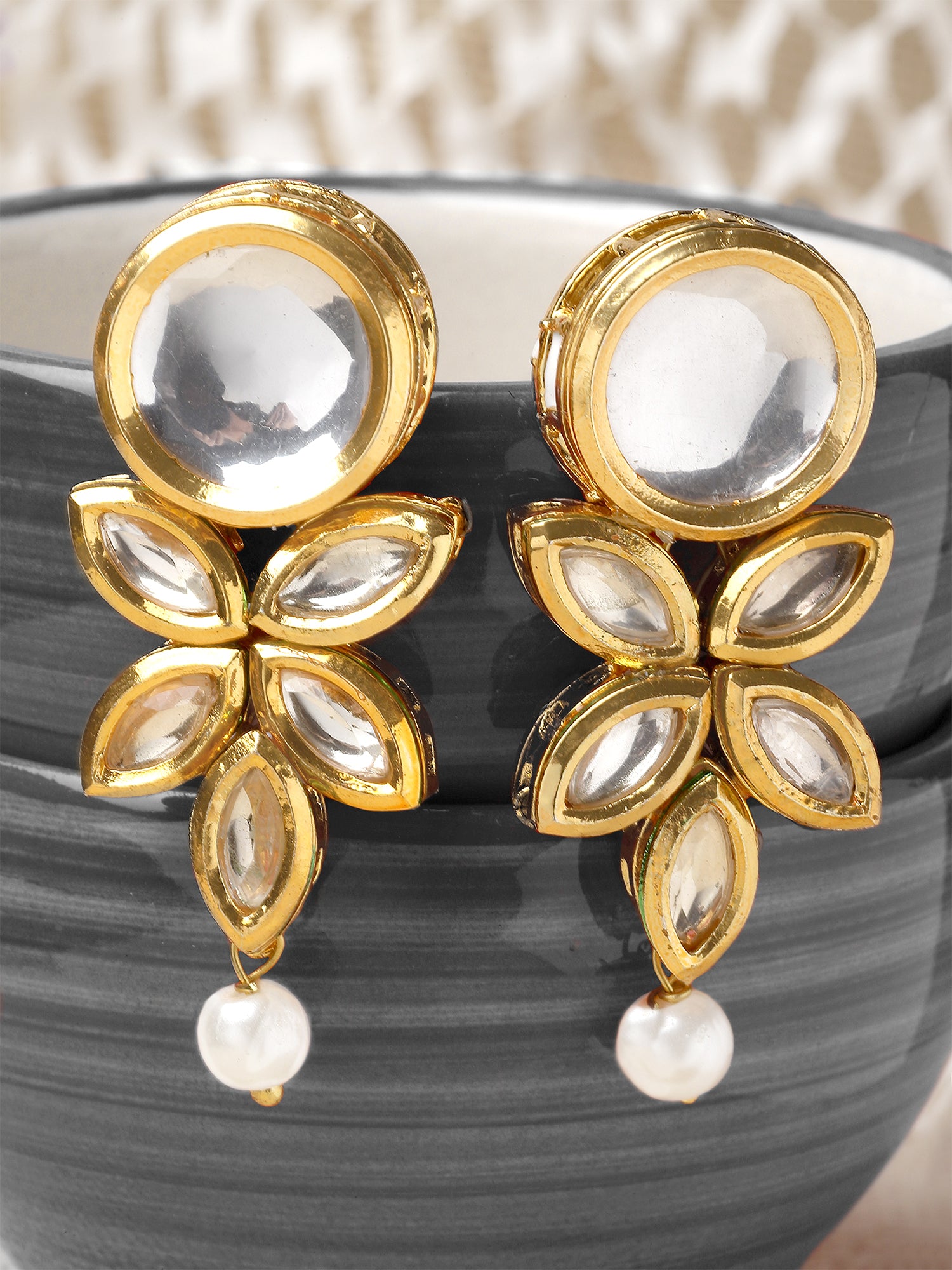Karatcart Gold Plated Floral Polki Kundan and Pearl Drop Earring for Women - view 3