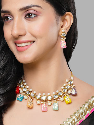 Karatcart Gold Plated Nav-ratan Tumble Polki Kundan Choker Necklace Set for Women