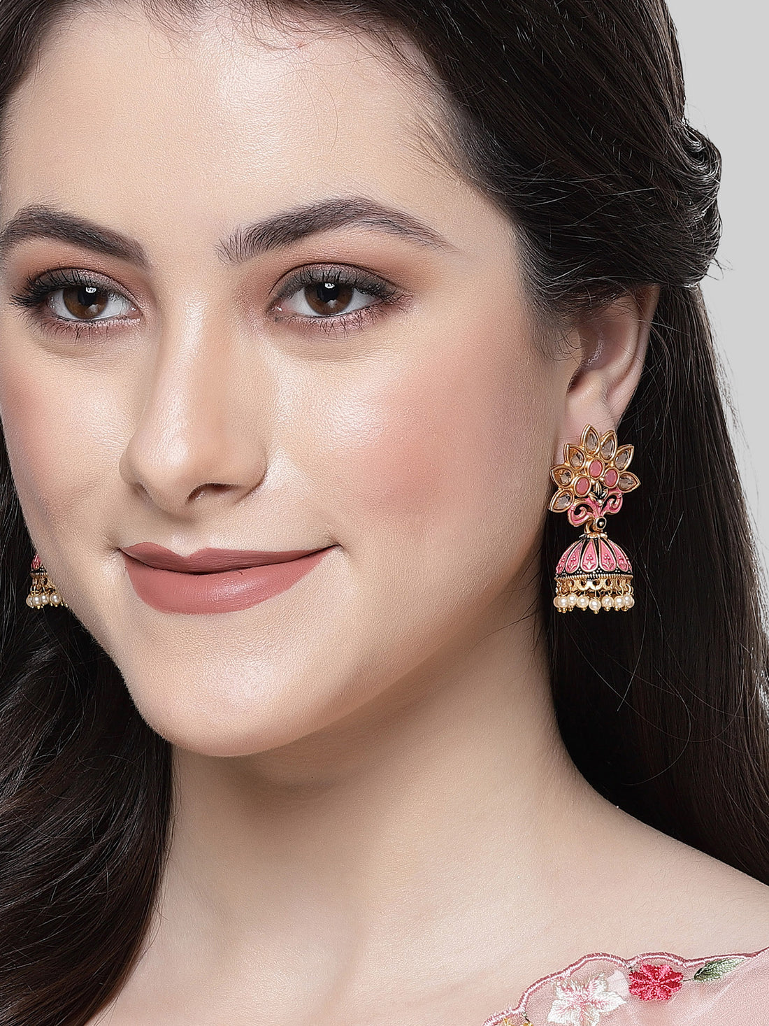 Karatcart Gold Plated Pink Meena and Kundan Jhumki Earrings for Women