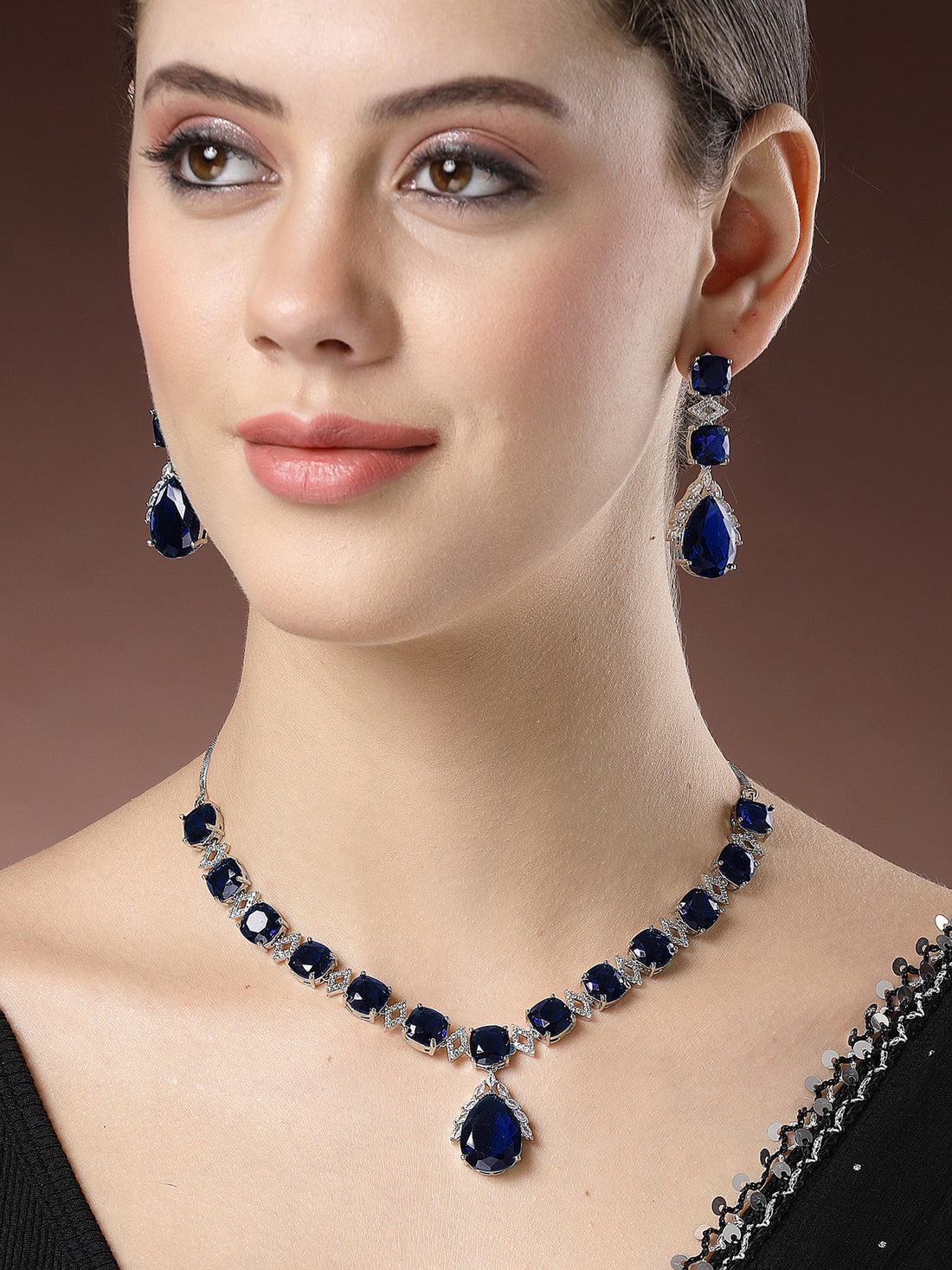 Karatcart Silver Plated Blue Drop Shape Cubic Zirconia Studded Necklace Set for Women