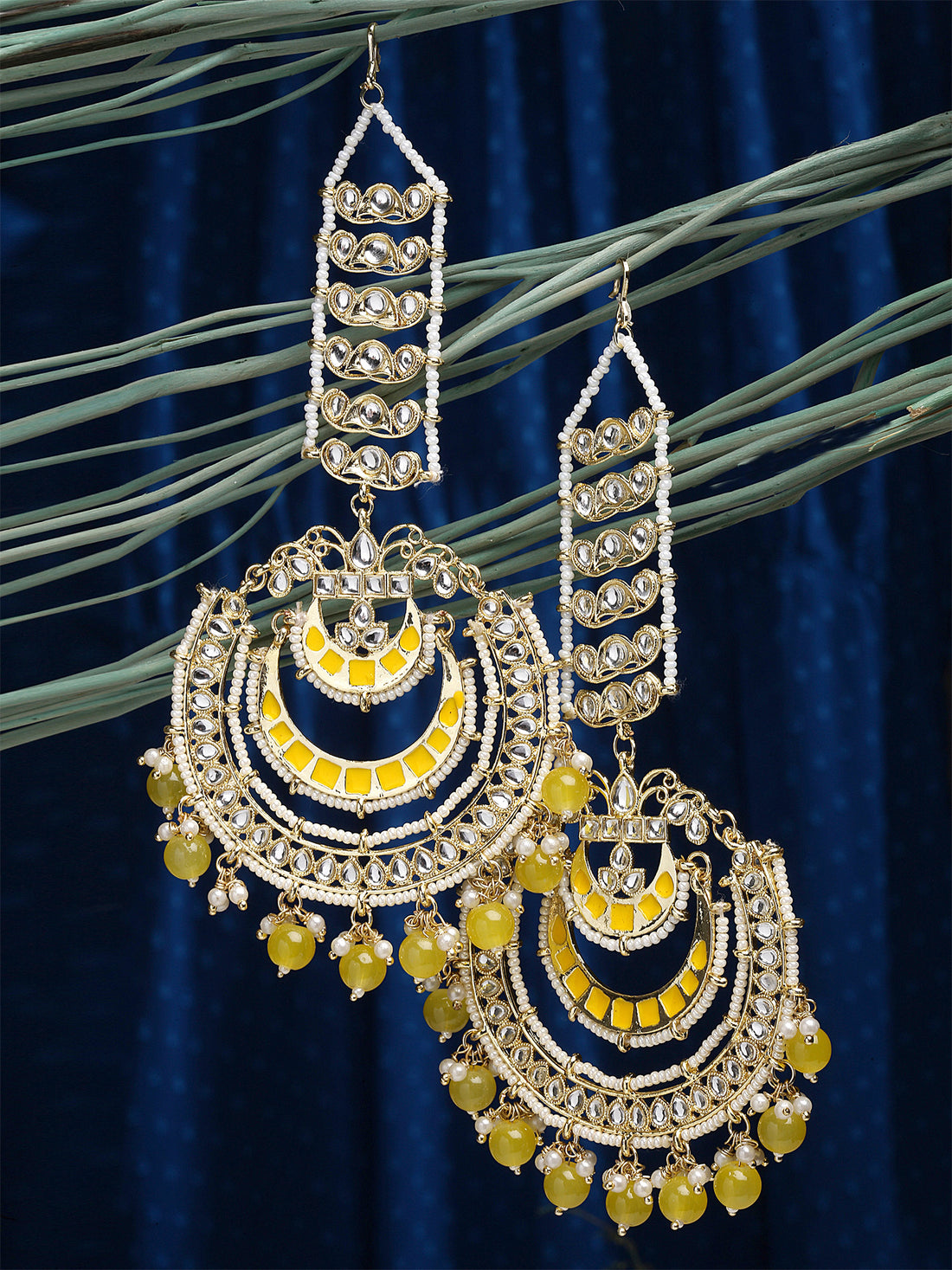 Karatcart Gold Plated Yellow Beads and Kundan Studded Kaanchain Chandbali Earrings for Women