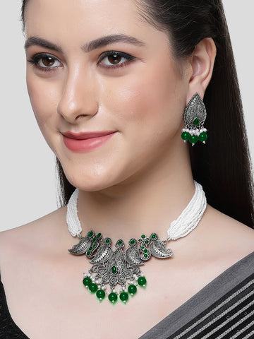 Karatcart Green Beads Oxidised Silver Jaipuri Choker Necklace Set for Women