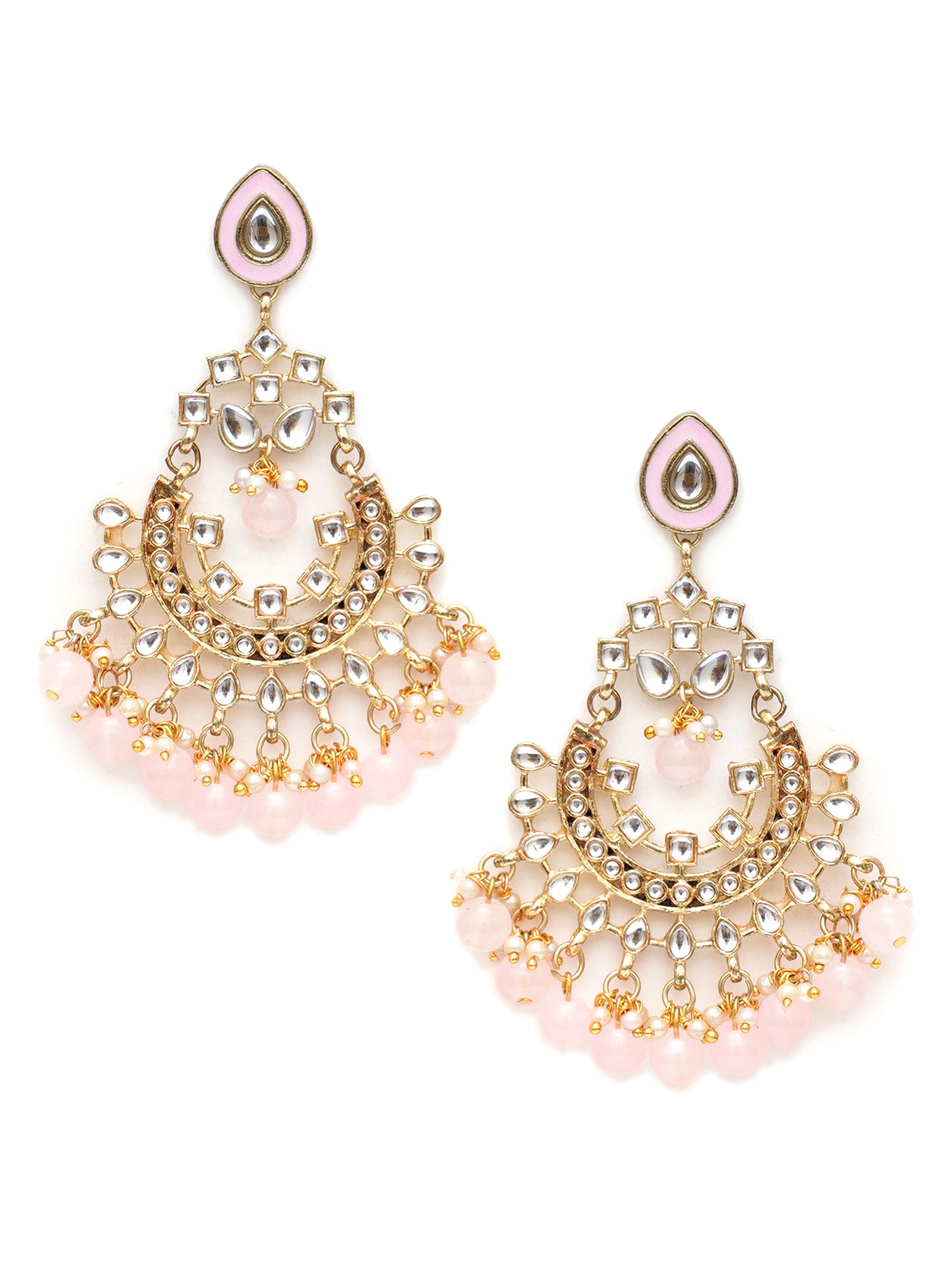 Karatcart Gold Plated Pink Beads Kundan Chandbali Earrings for Women - view 3